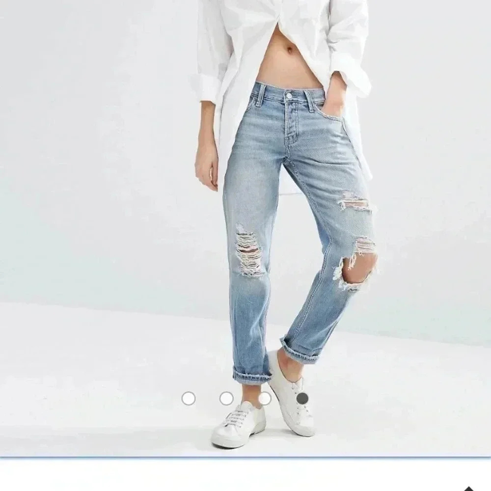 Abercrombie & Fitch Pale Wash Ripped Boyfriend Jeans w/ custom paint splatters 2